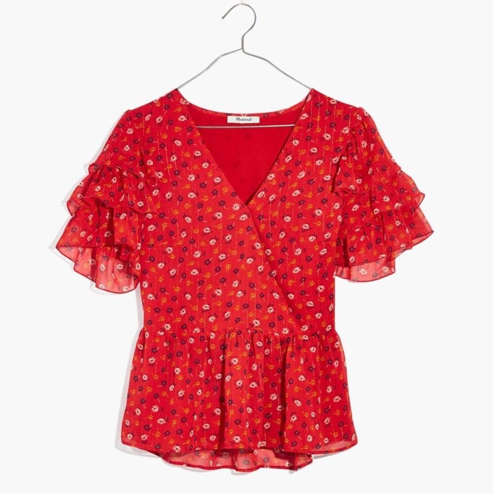 MADEWELL‎ | Tiered-Sleeve Peplum Top in Metallic Prairie Posies Red | Size 10